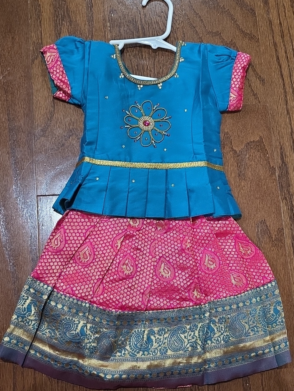 Baby Girls Traditional Two-Piece Teal and Pink Lehenga